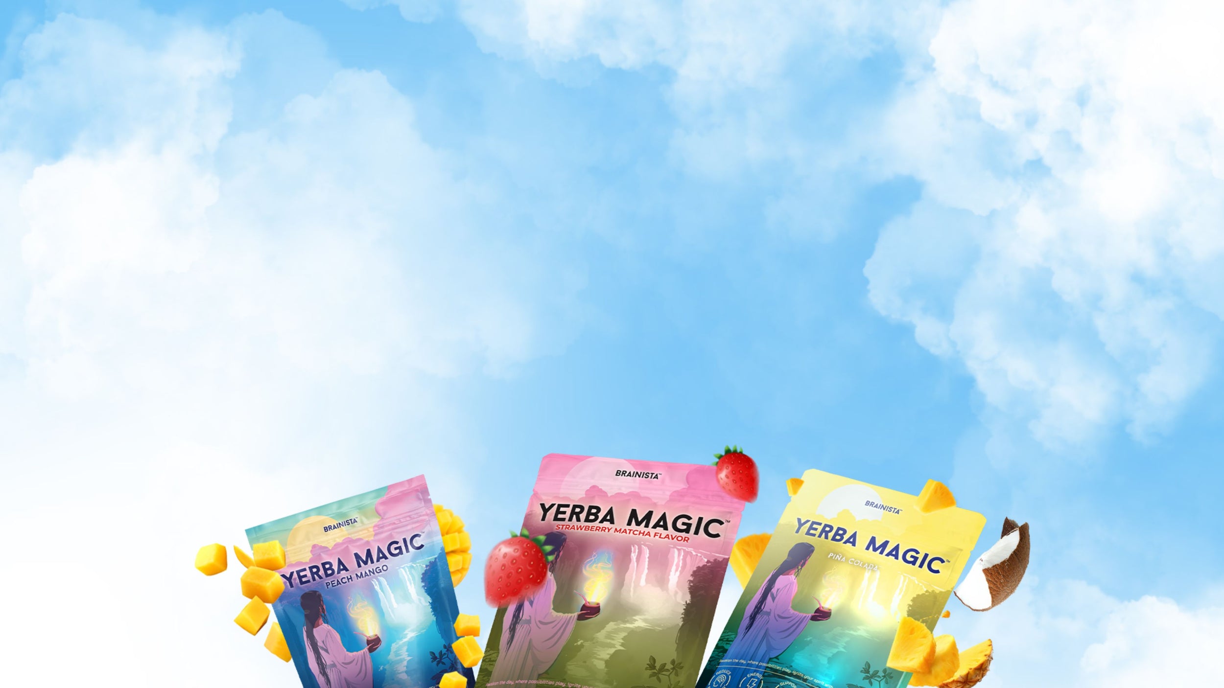 bags of yerba magic against a blue sky background